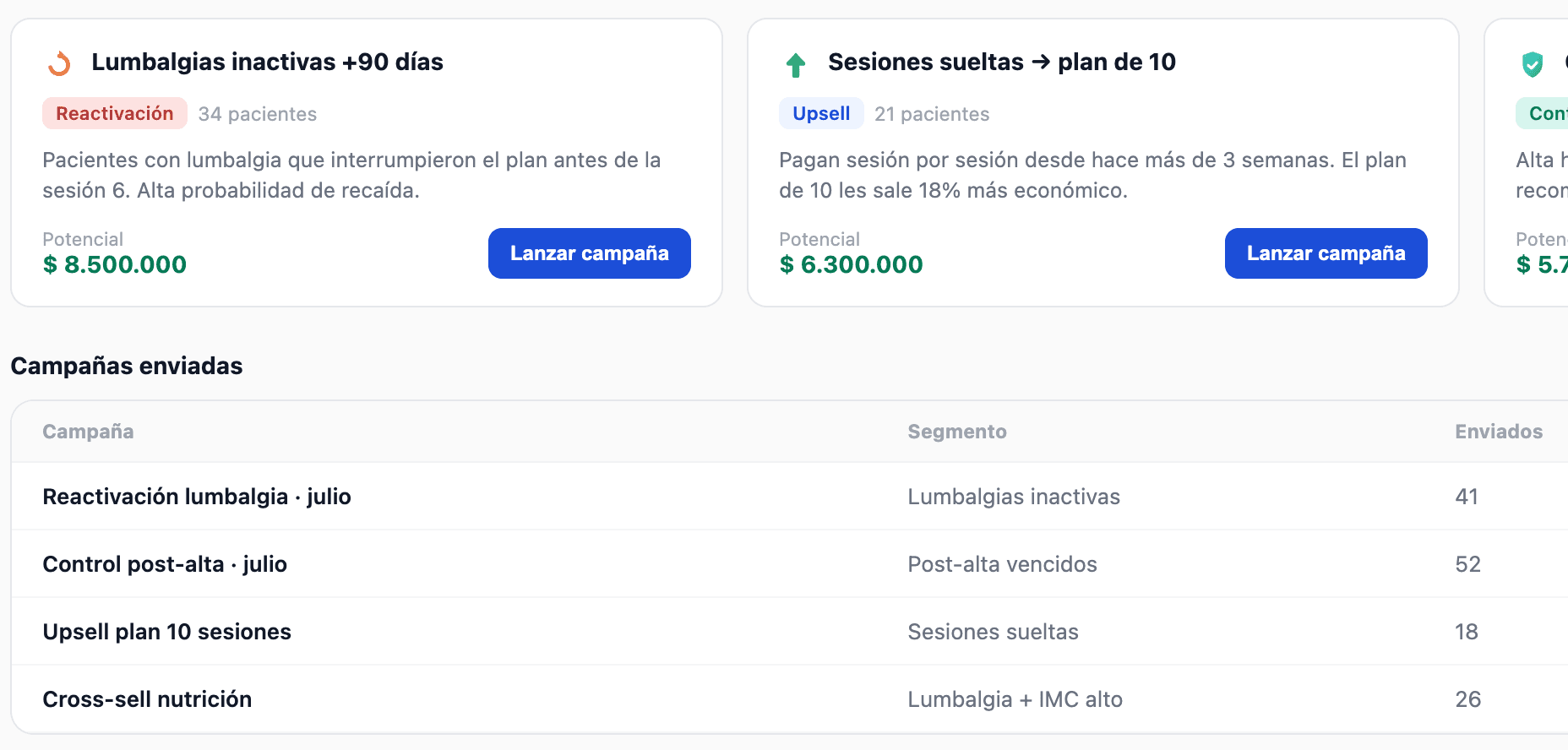 Detalle de campañas y segmentos de forabi health: segmentos propuestos con su potencial en pesos y campañas enviadas con su ingreso.