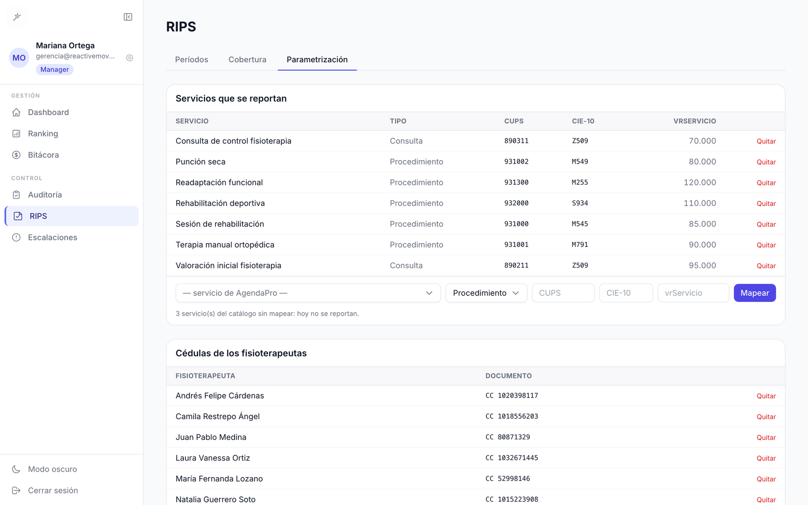 Parameters tab of the RIPS module: agenda services mapped to their CUPS code, ICD-10 diagnosis and value, and the therapists' ID numbers.