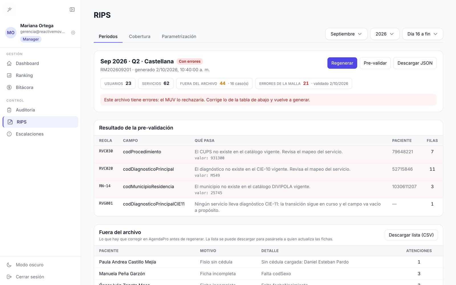 Periods tab of the RIPS module: the September fortnight with users, services and visits left out of the file, the pre-validation result with each error by rule, field, patient and rows, and the list of excluded patients with their reason.